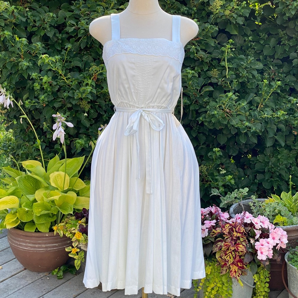 Lanz Cottagecore White Tank Midi Maxi Dress Prairie Milkmaid Eyelet Trim - 13/14